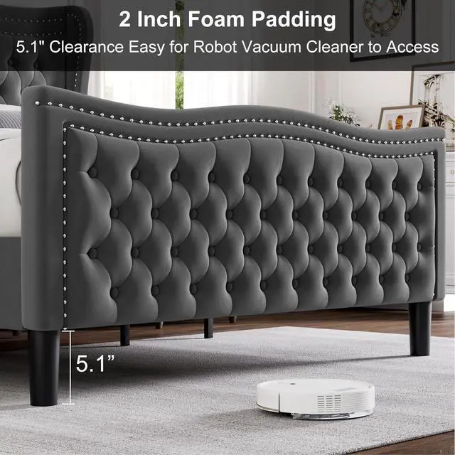 Alt view image 6 of 7 - Queen Bed Frame, 52"" Headboard Upholstered Bed with Tall Footbaord, Velvet Upholstered Deep Button Tufted Wingback Platform Bed, No Box Spring Required/Wood Slat Support/Gray, Grey