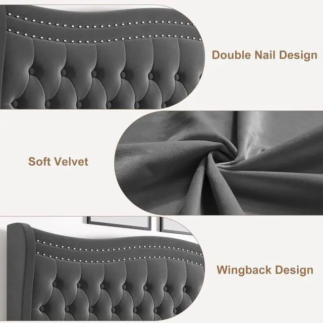 Alt view image 7 of 7 - Queen Bed Frame, 52"" Headboard Upholstered Bed with Tall Footbaord, Velvet Upholstered Deep Button Tufted Wingback Platform Bed, No Box Spring Required/Wood Slat Support/Gray, Grey