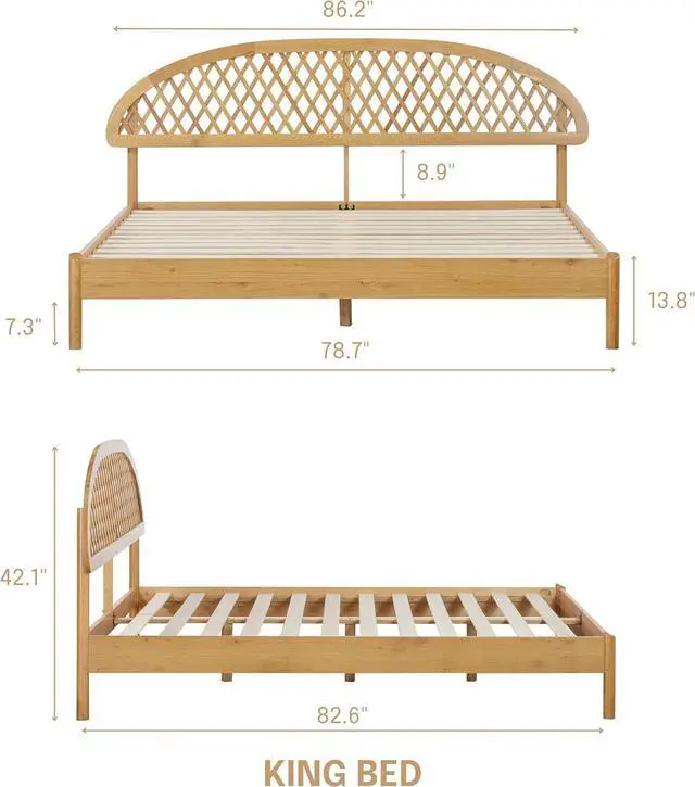 Alt view image 2 of 7 - NTC Gem Wooden Bed Frame with Headboard, Solid Oak Foundation with Silent Slats and Wood Central Supports, 1000 Lb Capacity, Effortless Assembly, King - Rustic Oak