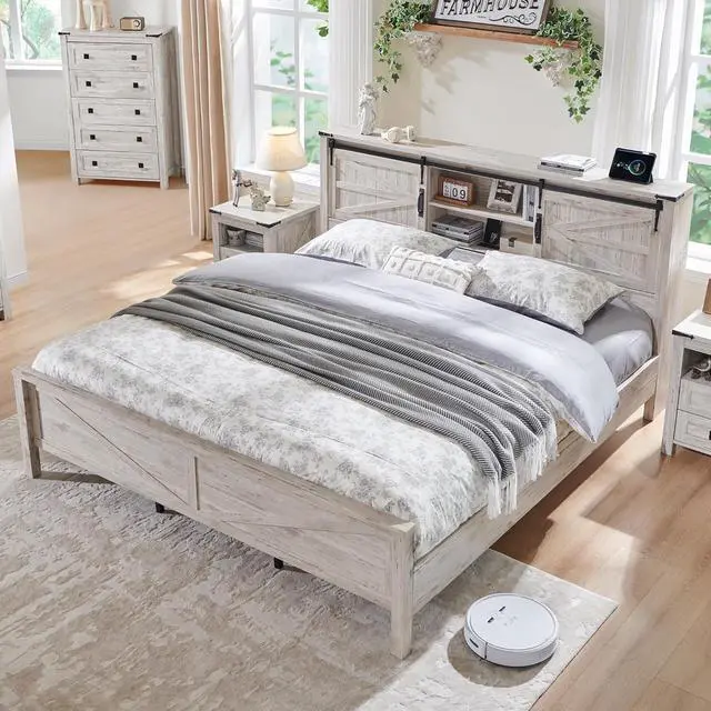 Main image of RedLemon Farmhouse King Size Bed Frame with Bookcase Headboard, Sliding Barn Door, Storage Cabinet, Charging Station, Wood Slats Support, No Box Spring Needed, Antique Brush White