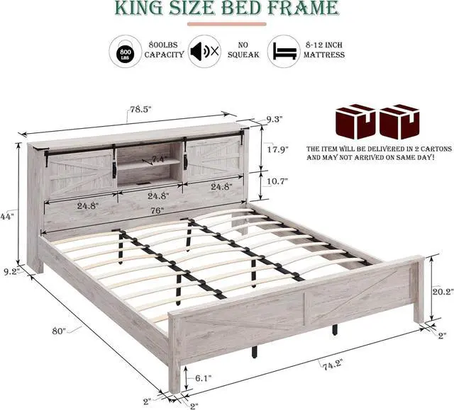 Alt view image 2 of 6 - RedLemon Farmhouse King Size Bed Frame with Bookcase Headboard, Sliding Barn Door, Storage Cabinet, Charging Station, Wood Slats Support, No Box Spring Needed, Antique Brush White