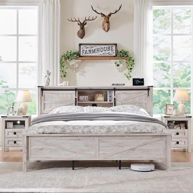 Alt view image 3 of 6 - RedLemon Farmhouse King Size Bed Frame with Bookcase Headboard, Sliding Barn Door, Storage Cabinet, Charging Station, Wood Slats Support, No Box Spring Needed, Antique Brush White