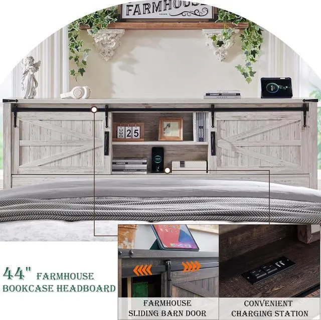 Alt view image 4 of 6 - RedLemon Farmhouse King Size Bed Frame with Bookcase Headboard, Sliding Barn Door, Storage Cabinet, Charging Station, Wood Slats Support, No Box Spring Needed, Antique Brush White
