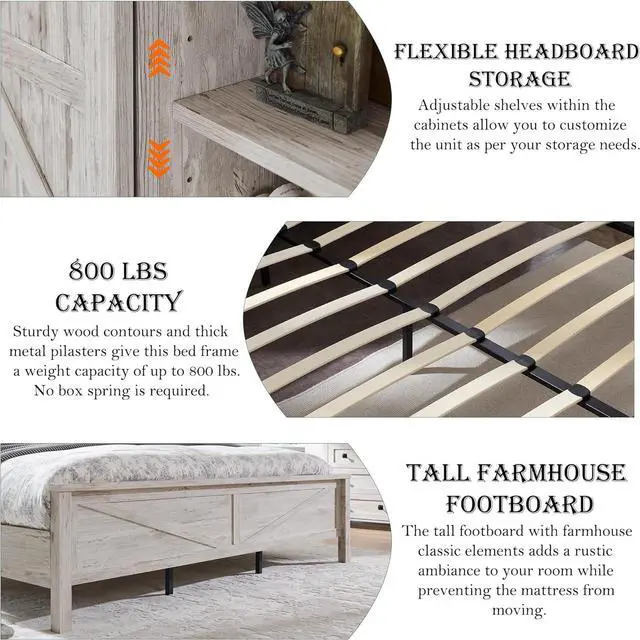 Alt view image 5 of 6 - RedLemon Farmhouse King Size Bed Frame with Bookcase Headboard, Sliding Barn Door, Storage Cabinet, Charging Station, Wood Slats Support, No Box Spring Needed, Antique Brush White