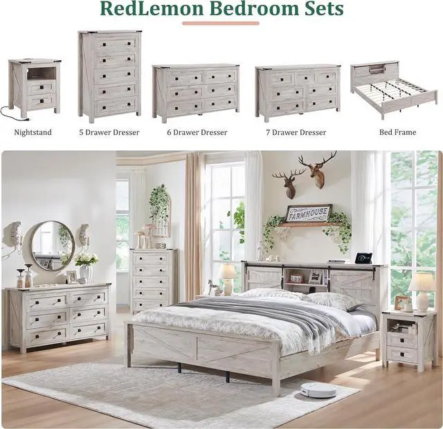 Alt view image 6 of 6 - RedLemon Farmhouse King Size Bed Frame with Bookcase Headboard, Sliding Barn Door, Storage Cabinet, Charging Station, Wood Slats Support, No Box Spring Needed, Antique Brush White