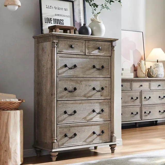 Main image of T4TREAM Farmhouse 6 Drawers Dresser Chests for Bedroom w/4 Solid Wood Feet & Column Decor, Tall Wood Country Rustic Chest of Drawers, Storage Dressers for Bedroom, Living Room, Light Rustic Oak