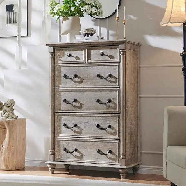 Alt view image 3 of 6 - T4TREAM Farmhouse 6 Drawers Dresser Chests for Bedroom w/4 Solid Wood Feet & Column Decor, Tall Wood Country Rustic Chest of Drawers, Storage Dressers for Bedroom, Living Room, Light Rustic Oak
