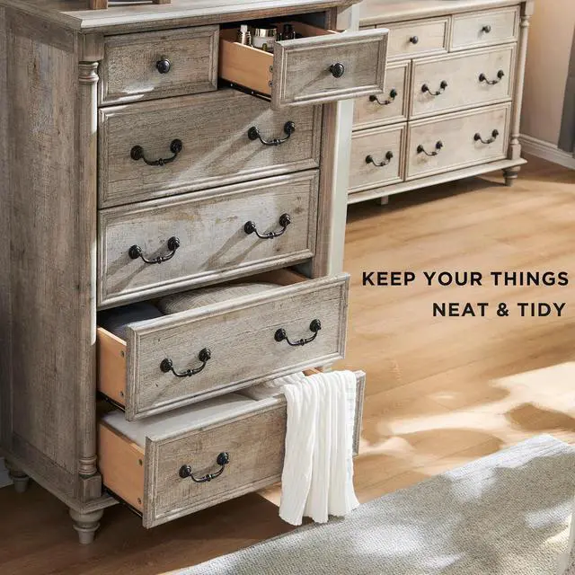 Alt view image 4 of 6 - T4TREAM Farmhouse 6 Drawers Dresser Chests for Bedroom w/4 Solid Wood Feet & Column Decor, Tall Wood Country Rustic Chest of Drawers, Storage Dressers for Bedroom, Living Room, Light Rustic Oak