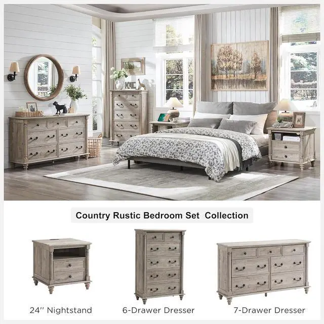 Alt view image 5 of 6 - T4TREAM Farmhouse 6 Drawers Dresser Chests for Bedroom w/4 Solid Wood Feet & Column Decor, Tall Wood Country Rustic Chest of Drawers, Storage Dressers for Bedroom, Living Room, Light Rustic Oak