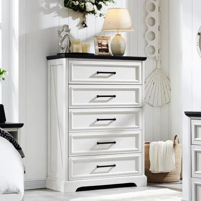 Main image of Farmhouse 5 Drawers Dresser Chests for Bedroom,46" Tall Wood Rustic Chest of Drawers with Wide Metal Handle,Natural Texture,Drawer Organizer for Bedroom,Living Room,Hallway and Entryway,White