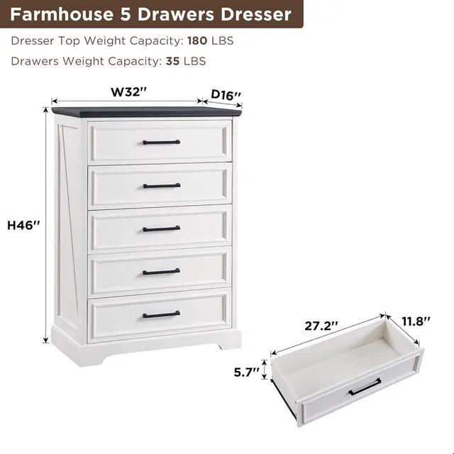 Alt view image 2 of 7 - Farmhouse 5 Drawers Dresser Chests for Bedroom,46" Tall Wood Rustic Chest of Drawers with Wide Metal Handle,Natural Texture,Drawer Organizer for Bedroom,Living Room,Hallway and Entryway,White