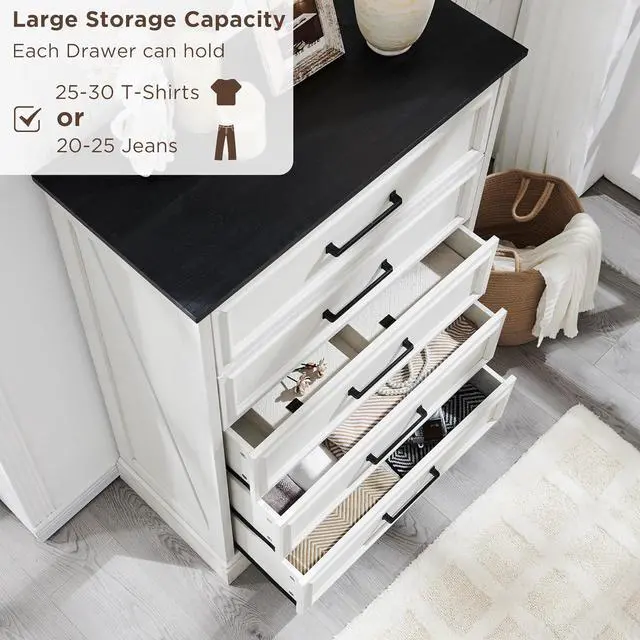 Alt view image 3 of 7 - Farmhouse 5 Drawers Dresser Chests for Bedroom,46" Tall Wood Rustic Chest of Drawers with Wide Metal Handle,Natural Texture,Drawer Organizer for Bedroom,Living Room,Hallway and Entryway,White