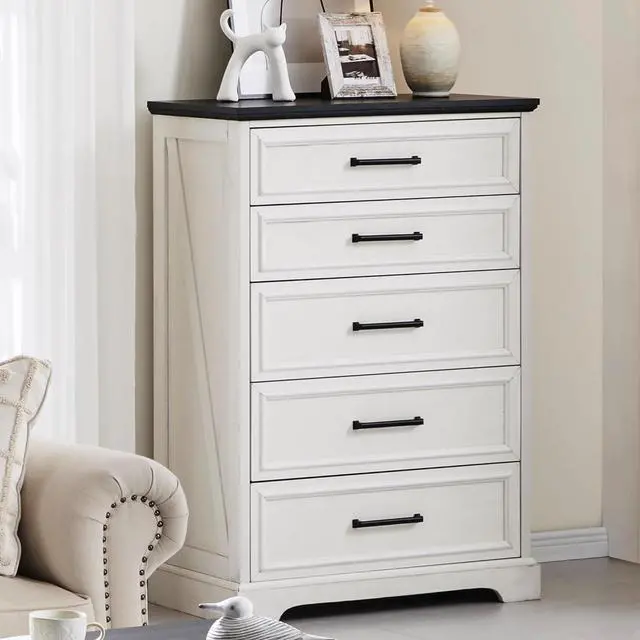 Alt view image 6 of 7 - Farmhouse 5 Drawers Dresser Chests for Bedroom,46" Tall Wood Rustic Chest of Drawers with Wide Metal Handle,Natural Texture,Drawer Organizer for Bedroom,Living Room,Hallway and Entryway,White