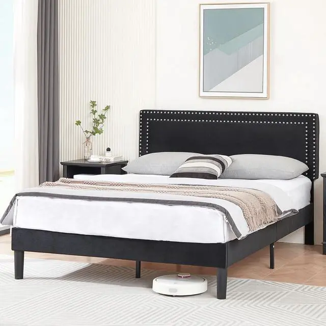 Main image of VECELO Full Size Platform Bed Frame with Adjustable Upholstered Headboard, Modern Mattress Foundation,Strong Wood Slat Support, No Box Spring Needed, Easy Assembly