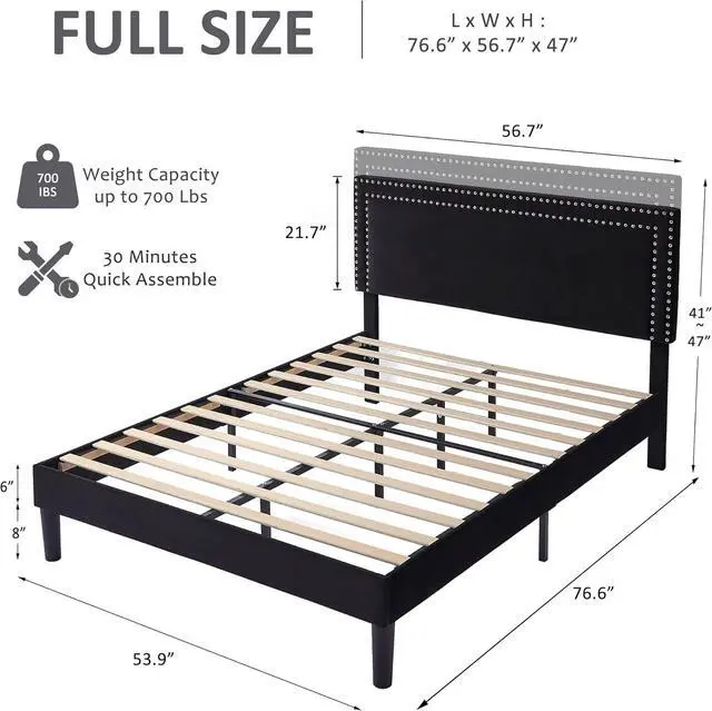 Alt view image 2 of 7 - VECELO Full Size Platform Bed Frame with Adjustable Upholstered Headboard, Modern Mattress Foundation,Strong Wood Slat Support, No Box Spring Needed, Easy Assembly