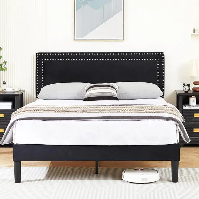 Alt view image 3 of 7 - VECELO Full Size Platform Bed Frame with Adjustable Upholstered Headboard, Modern Mattress Foundation,Strong Wood Slat Support, No Box Spring Needed, Easy Assembly