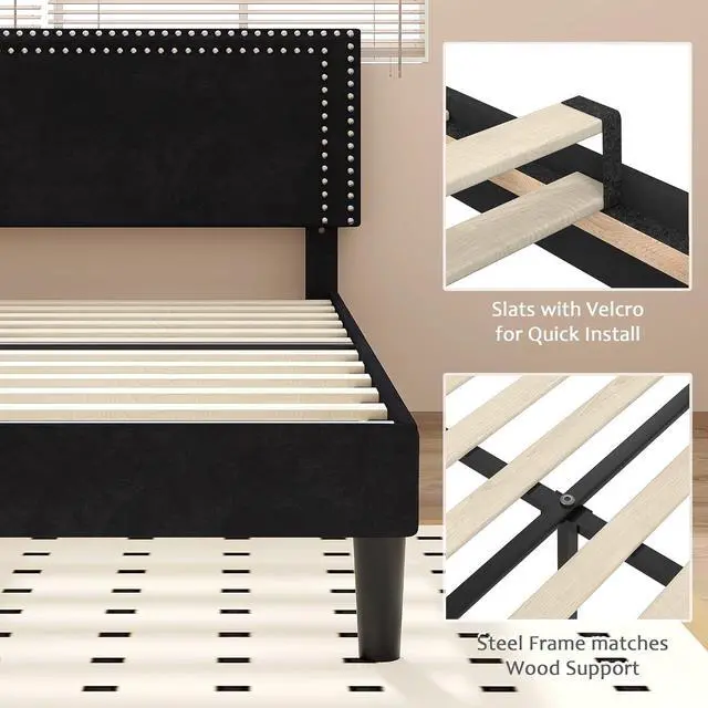 Alt view image 5 of 7 - VECELO Full Size Platform Bed Frame with Adjustable Upholstered Headboard, Modern Mattress Foundation,Strong Wood Slat Support, No Box Spring Needed, Easy Assembly