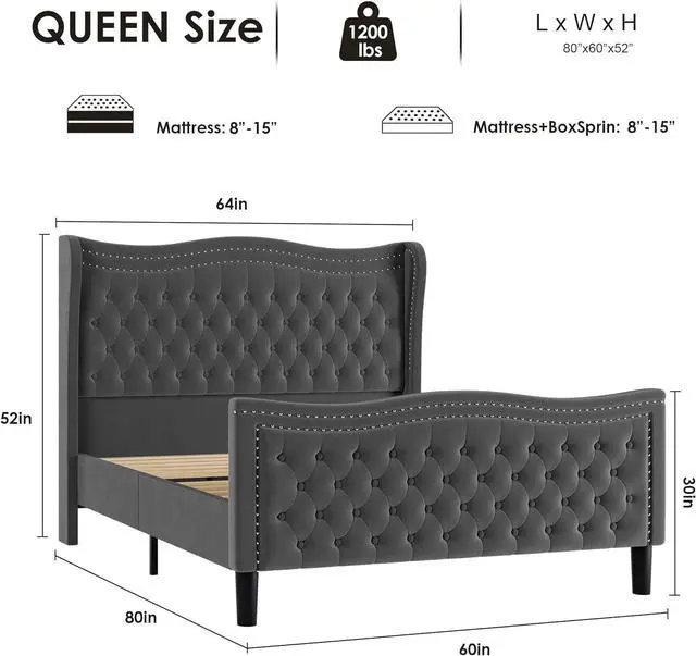 Alt view image 2 of 7 - Queen Bed Frame, 52"" Headboard Upholstered Bed with Tall Footbaord, Velvet Upholstered Deep Button Tufted Wingback Platform Bed, No Box Spring Required/Wood Slat Support/Gray, Grey