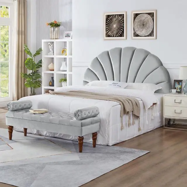 Alt view image 5 of 6 - 24KF Stunning Crown Design King Headboard, Upholstered Soft Velvet Petal Pattern Headboard King/CA King-Gray