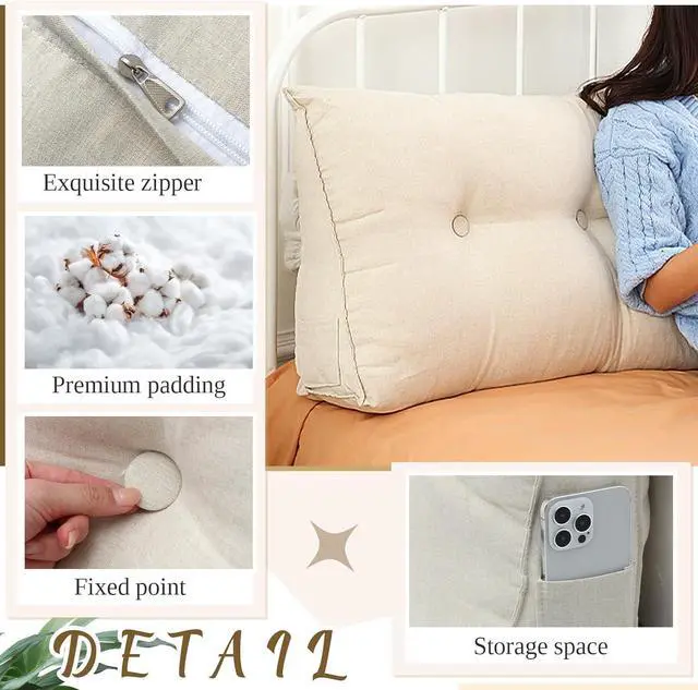 Alt view image 7 of 7 - Wenqik Wedge Pillow Triangular Headboard Bed Reading Backrest Back Support Long Pillow with Removable Cover for Dorm Room Supplies Housewarming Gift(Queen (59 x 20 x 8 Inch),Beige)
