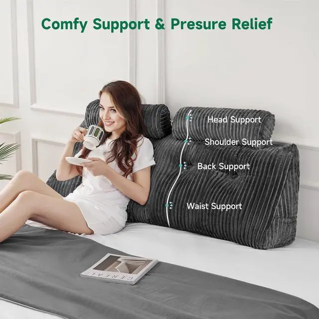 Alt view image 5 of 7 - Z-hom Queen Pillow Headboard with 2 Roll Pillow, Triangular Wedge Headboard Pillow, Large Reading Pillow Bed Reading Pillow for Bed Sitting Up Sleeping, Backrest Pillow for Back Pain Relief, Grey
