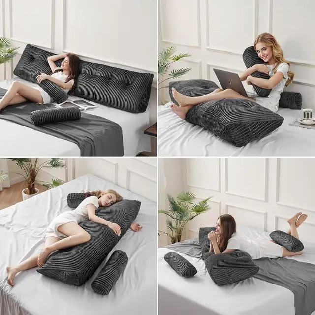 Alt view image 6 of 7 - Z-hom Queen Pillow Headboard with 2 Roll Pillow, Triangular Wedge Headboard Pillow, Large Reading Pillow Bed Reading Pillow for Bed Sitting Up Sleeping, Backrest Pillow for Back Pain Relief, Grey