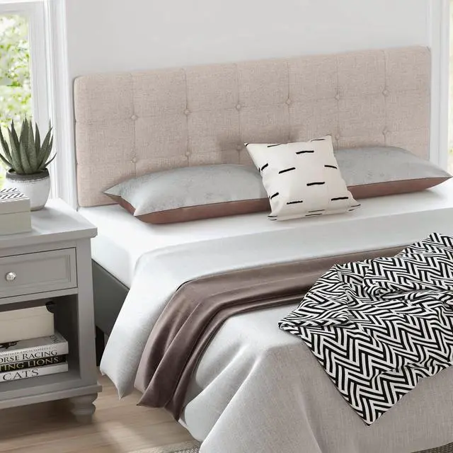 Alt view image 2 of 7 - KOMFOTT Linen Upholstered Headboard for Full & Queen Size Bed Frame, Tufted Button Bed Headboard with Solid Rubber Wood Legs, Rectangular Headboard with Adjustable Width, Beige