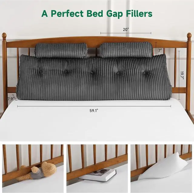 Alt view image 7 of 7 - Z-hom Queen Pillow Headboard with 2 Roll Pillow, Triangular Wedge Headboard Pillow, Large Reading Pillow Bed Reading Pillow for Bed Sitting Up Sleeping, Backrest Pillow for Back Pain Relief, Grey