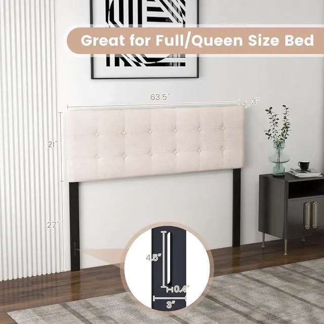 Alt view image 3 of 7 - KOMFOTT Linen Upholstered Headboard for Full & Queen Size Bed Frame, Tufted Button Bed Headboard with Solid Rubber Wood Legs, Rectangular Headboard with Adjustable Width, Beige