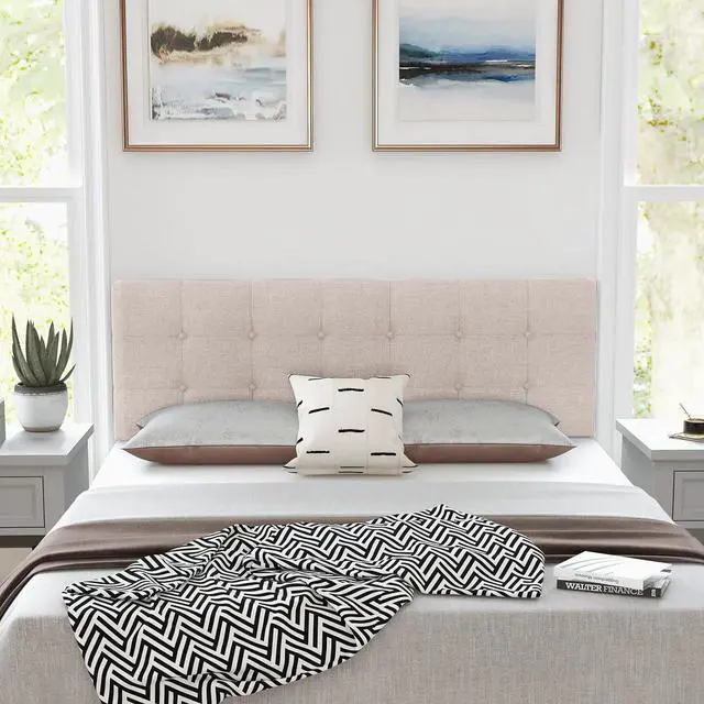 Alt view image 4 of 7 - KOMFOTT Linen Upholstered Headboard for Full & Queen Size Bed Frame, Tufted Button Bed Headboard with Solid Rubber Wood Legs, Rectangular Headboard with Adjustable Width, Beige