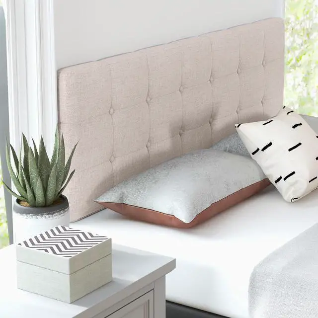 Alt view image 5 of 7 - KOMFOTT Linen Upholstered Headboard for Full & Queen Size Bed Frame, Tufted Button Bed Headboard with Solid Rubber Wood Legs, Rectangular Headboard with Adjustable Width, Beige