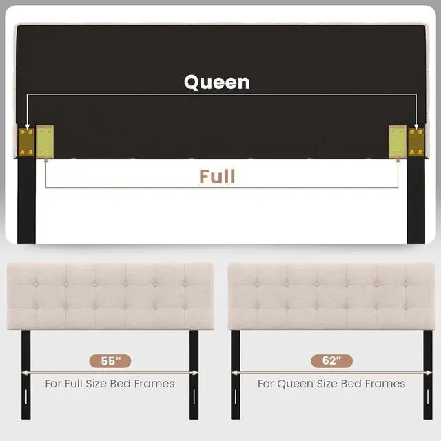 Alt view image 6 of 7 - KOMFOTT Linen Upholstered Headboard for Full & Queen Size Bed Frame, Tufted Button Bed Headboard with Solid Rubber Wood Legs, Rectangular Headboard with Adjustable Width, Beige