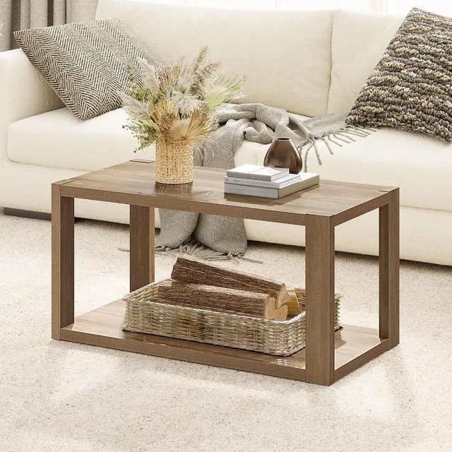 Main image of SICOTAS Farmhouse Rectangle Coffee Table - Boho Center Table with Storage Shelf, Rectangular Table Accent Table, 2-Tier Sofa Side Table Mid Century Small Table