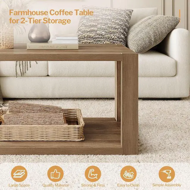 Alt view image 4 of 7 - SICOTAS Farmhouse Rectangle Coffee Table - Boho Center Table with Storage Shelf, Rectangular Table Accent Table, 2-Tier Sofa Side Table Mid Century Small Table