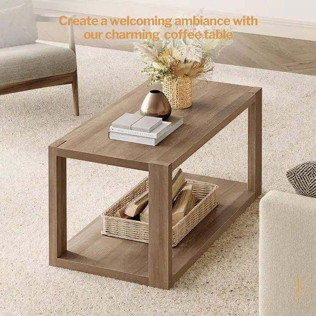 Alt view image 5 of 7 - SICOTAS Farmhouse Rectangle Coffee Table - Boho Center Table with Storage Shelf, Rectangular Table Accent Table, 2-Tier Sofa Side Table Mid Century Small Table