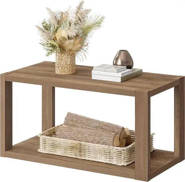 Alt view image 7 of 7 - SICOTAS Farmhouse Rectangle Coffee Table - Boho Center Table with Storage Shelf, Rectangular Table Accent Table, 2-Tier Sofa Side Table Mid Century Small Table