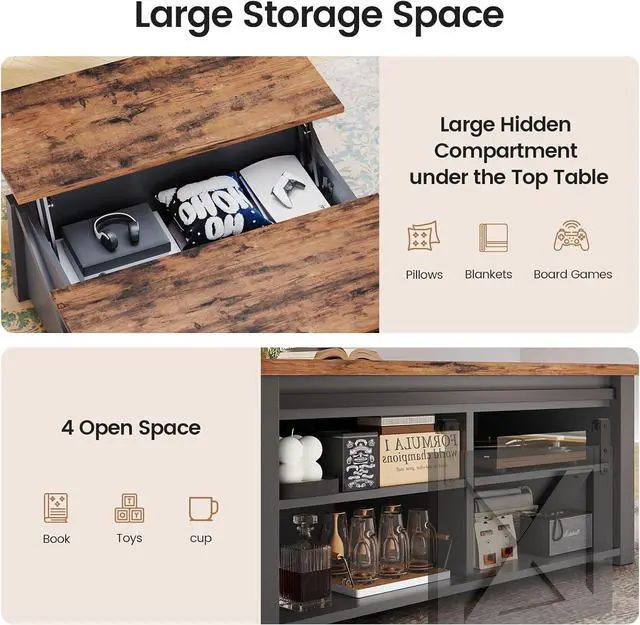 Alt view image 7 of 7 - SEDETA 31.5" Lift Top Coffee Table with Storage, Square Coffee Tables for Living Room, Farmhouse Coffee Table with Large Hidden Storage Compartment and Adjustable Shelves, Black