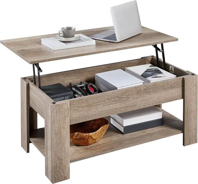 Main image of Yaheetech Lift Top Coffee Table with Hidden Compartment and Storage Shelf, Rising Tabletop Dining Table for Living Room Reception Room, 38.6in L, Grey