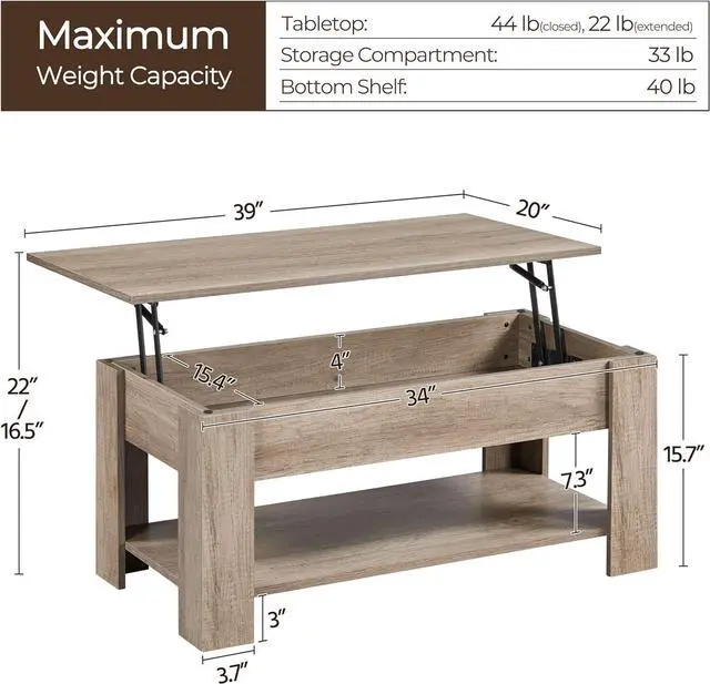 Alt view image 3 of 7 - Yaheetech Lift Top Coffee Table with Hidden Compartment and Storage Shelf, Rising Tabletop Dining Table for Living Room Reception Room, 38.6in L, Grey