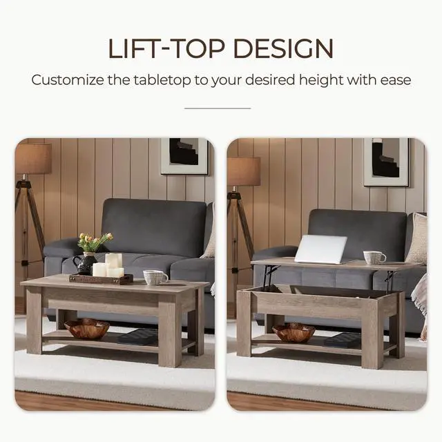 Alt view image 4 of 7 - Yaheetech Lift Top Coffee Table with Hidden Compartment and Storage Shelf, Rising Tabletop Dining Table for Living Room Reception Room, 38.6in L, Grey