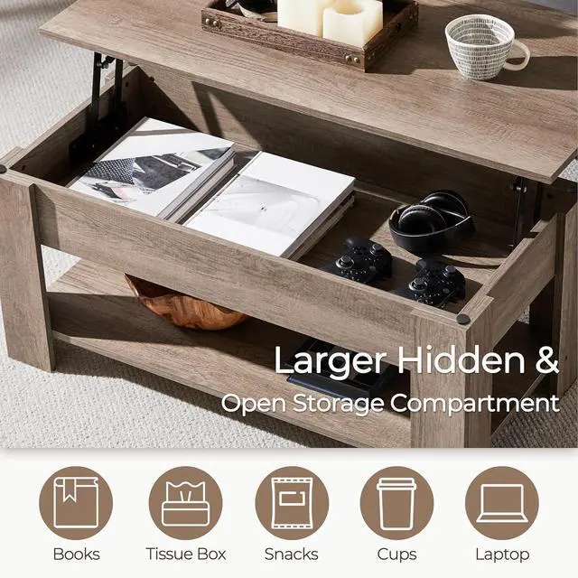 Alt view image 5 of 7 - Yaheetech Lift Top Coffee Table with Hidden Compartment and Storage Shelf, Rising Tabletop Dining Table for Living Room Reception Room, 38.6in L, Grey