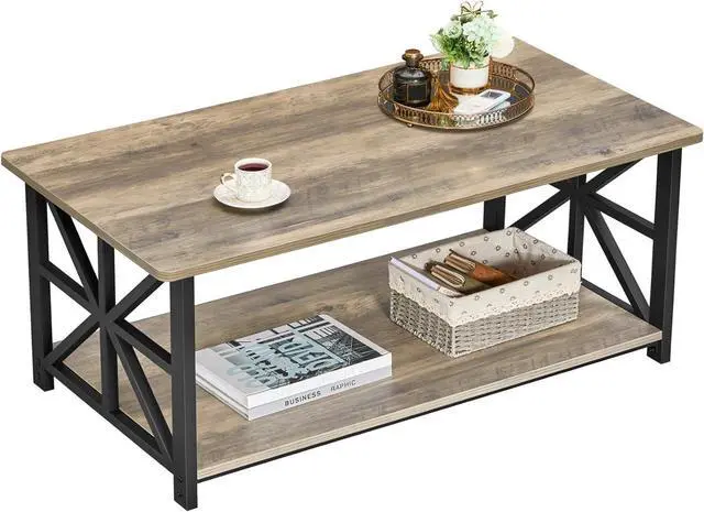 Main image of GreenForest Coffee Table for Living Room with Round Corners Farmhouse Style Center Table with Storage Shelf 39 Inch Space Saving Easy Assembly Gray Wash