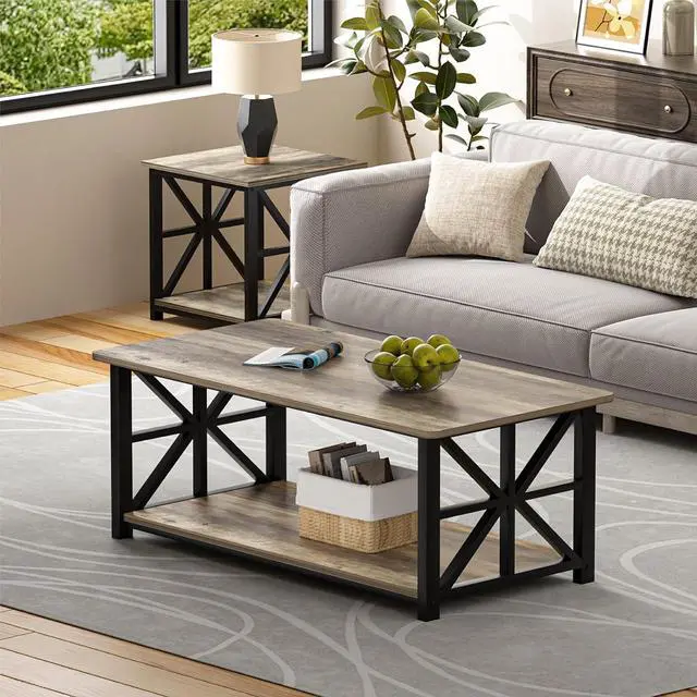 Alt view image 2 of 7 - GreenForest Coffee Table for Living Room with Round Corners Farmhouse Style Center Table with Storage Shelf 39 Inch Space Saving Easy Assembly Gray Wash