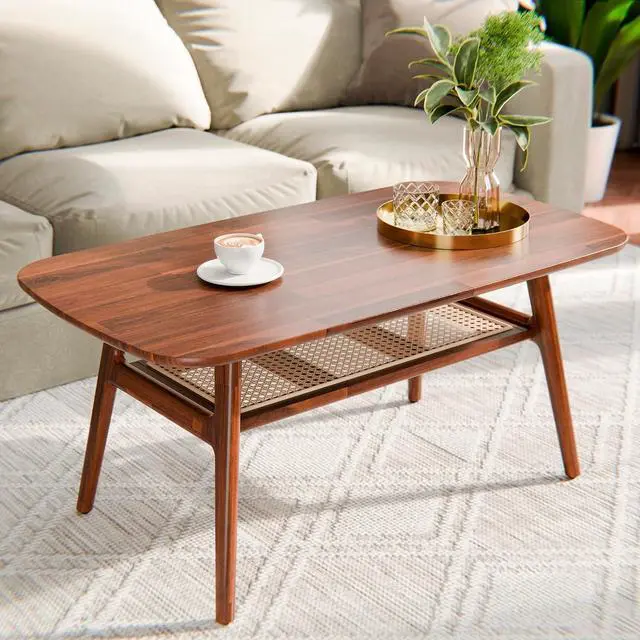 Main image of Bme Nancy Solid Acacia Wood Coffee Table for Living Room, Spacious Oval-Shaped 237 Lbs Top Capacity, Rattan Shelf Below, Mid Century, Rustic and Modern Style Living Room Furniture, Dark Chocolate