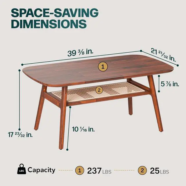 Alt view image 2 of 5 - Bme Nancy Solid Acacia Wood Coffee Table for Living Room, Spacious Oval-Shaped 237 Lbs Top Capacity, Rattan Shelf Below, Mid Century, Rustic and Modern Style Living Room Furniture, Dark Chocolate