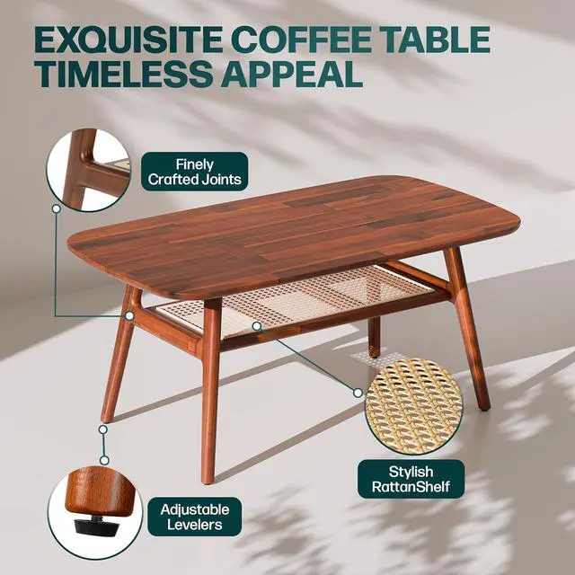 Alt view image 4 of 5 - Bme Nancy Solid Acacia Wood Coffee Table for Living Room, Spacious Oval-Shaped 237 Lbs Top Capacity, Rattan Shelf Below, Mid Century, Rustic and Modern Style Living Room Furniture, Dark Chocolate
