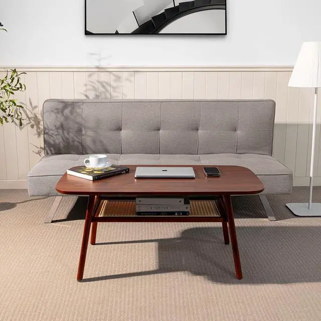 Alt view image 5 of 5 - Bme Nancy Solid Acacia Wood Coffee Table for Living Room, Spacious Oval-Shaped 237 Lbs Top Capacity, Rattan Shelf Below, Mid Century, Rustic and Modern Style Living Room Furniture, Dark Chocolate