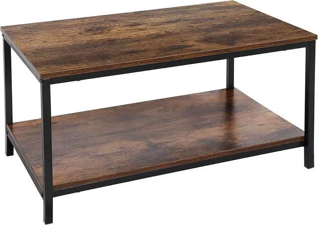Main image of SUPER DEAL 2-Tier Industrial Coffee Table with Storage Shelf for Small Apartment Living Room, Rectangle Wood and Stable Metal TV Stand Side End Table, Rustic Brown