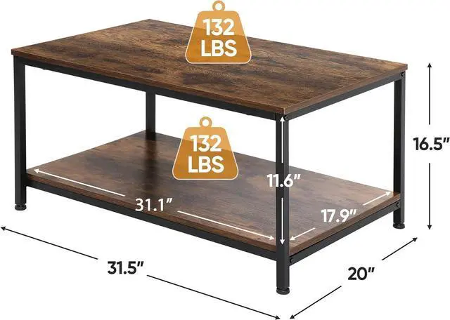 Alt view image 3 of 7 - SUPER DEAL 2-Tier Industrial Coffee Table with Storage Shelf for Small Apartment Living Room, Rectangle Wood and Stable Metal TV Stand Side End Table, Rustic Brown