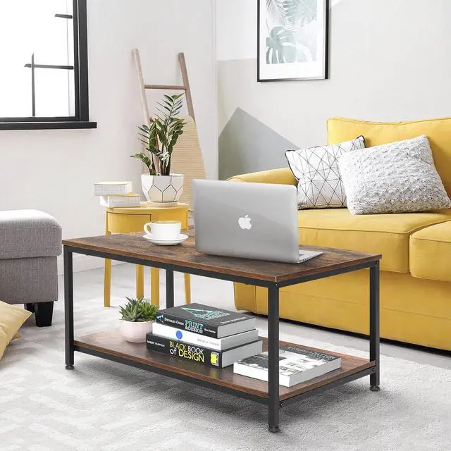 Alt view image 4 of 7 - SUPER DEAL 2-Tier Industrial Coffee Table with Storage Shelf for Small Apartment Living Room, Rectangle Wood and Stable Metal TV Stand Side End Table, Rustic Brown